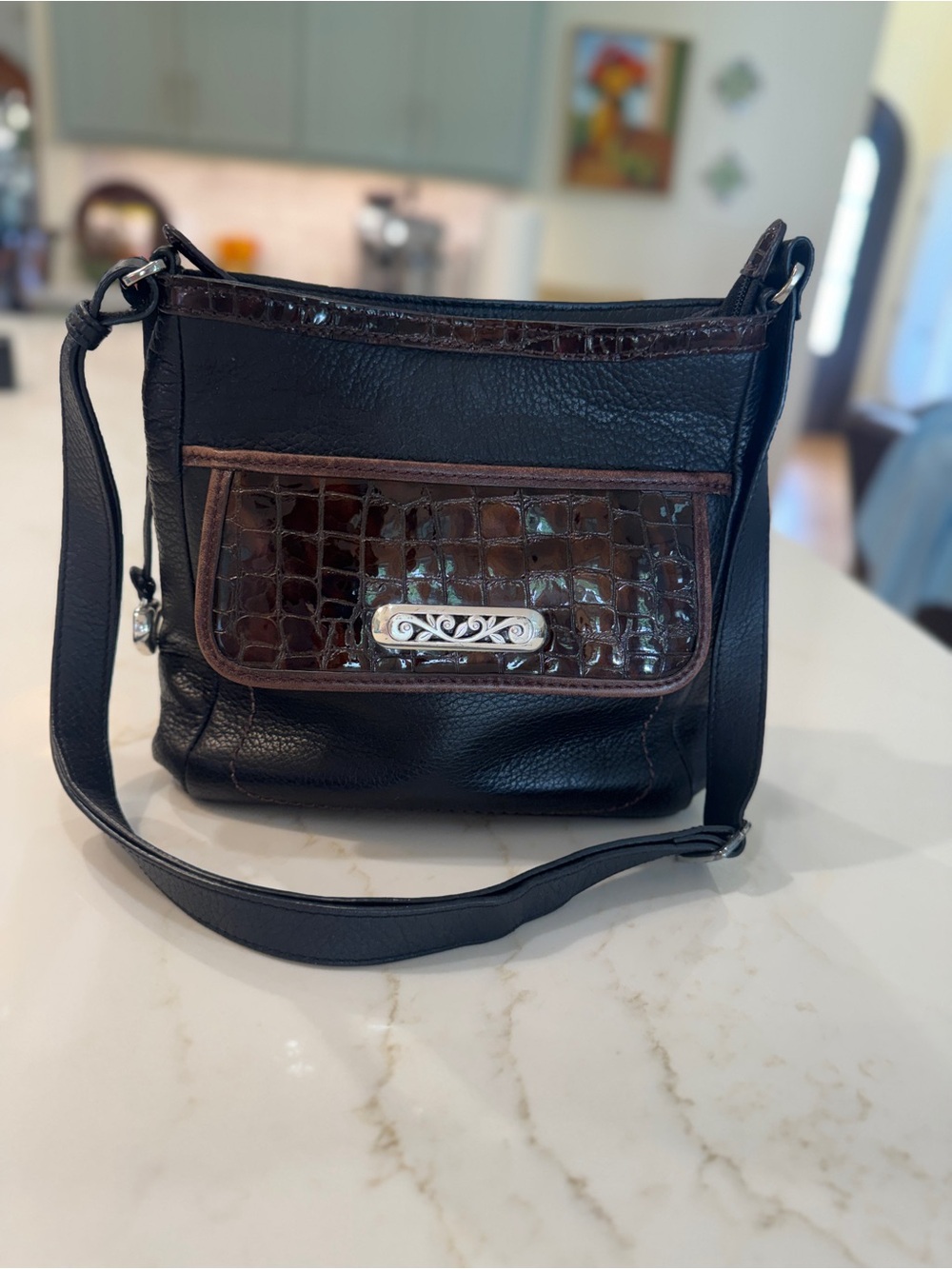 Brighton Black Leather Crossbody Bag Brown Croc Accent Heart Charm